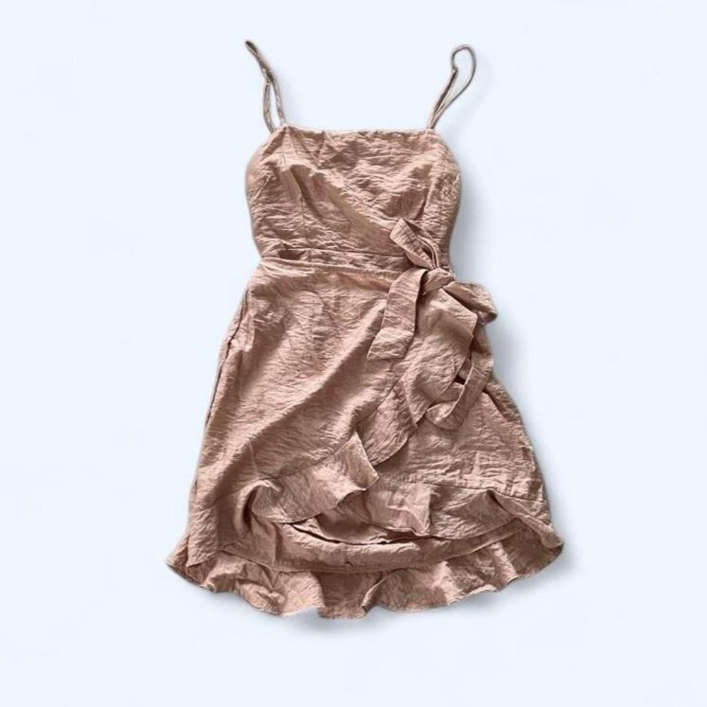 Tan Sleeveless Mini Dress Ruffle Hem & Cross Back Size S by Angel Biba
